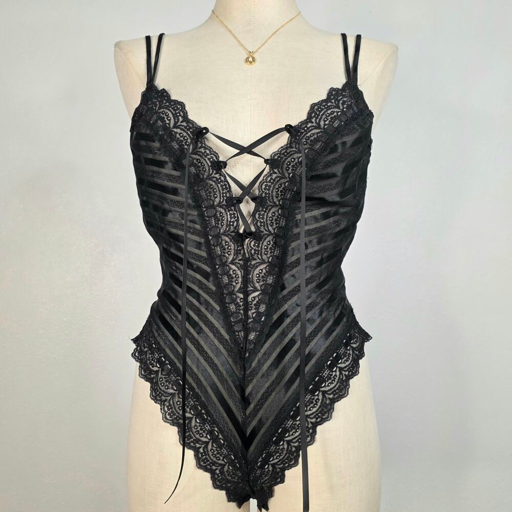 Vintage Black Lace Teddy Bodysuit Lace Up Sheer Striped Lingerie Size Small Sexy